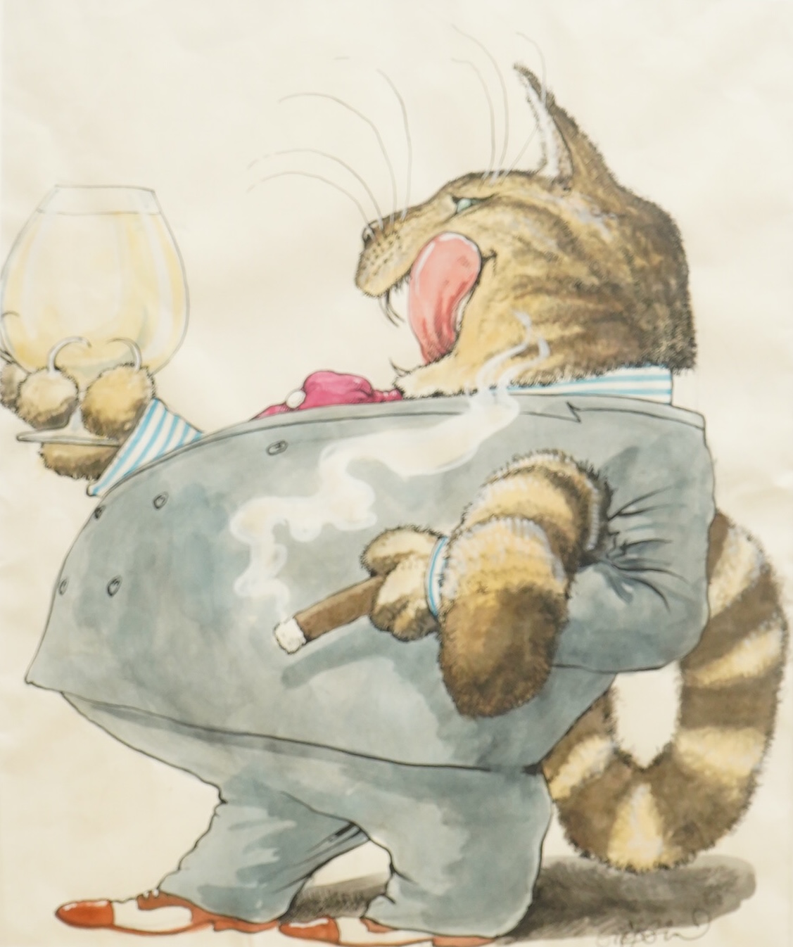 20th century, Comical study of a cat smoking a cigar, indistinctly signed, ink and watercolour, 36 x 30cm
